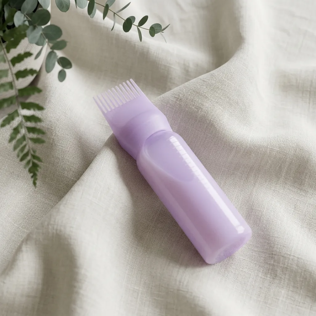 Close-up of translucent Nuyaé hair applicator bottle showing measurement markings and rounded comb nozzle tips for gentle scalp massage