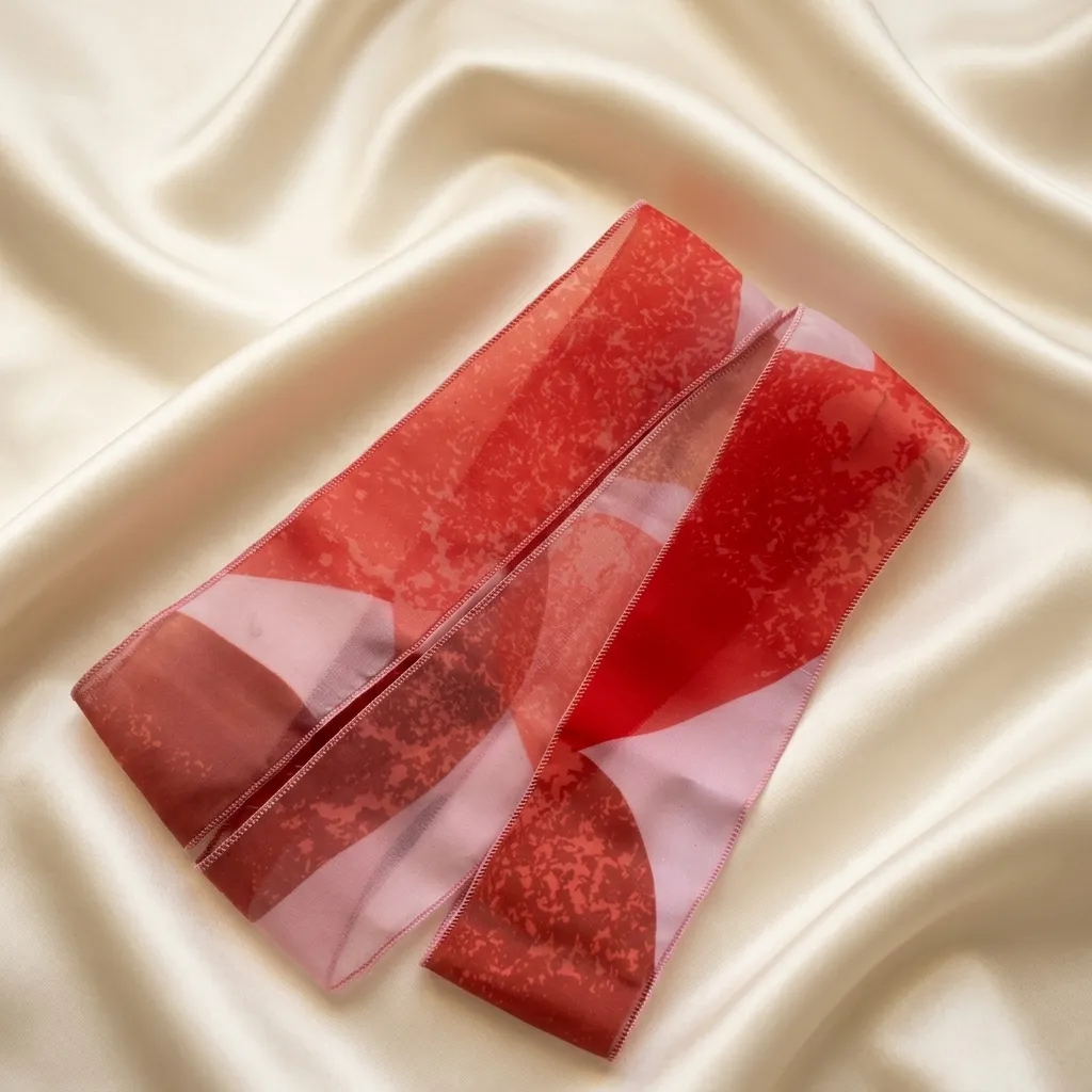 Nuyaé Aurore chiffon hair scarf with striking geometric print in rich crimson and delicate pink tones laid flat showing full dimensions