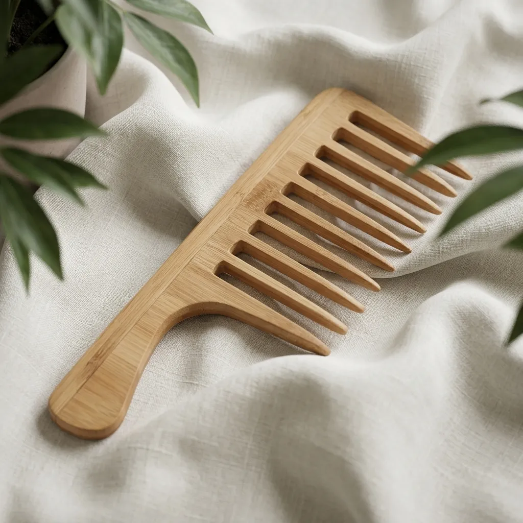Close-up of Nuyaé artisanal bamboo comb showcasing seamlessly carved wide teeth and substantial ergonomic handle for easy grip