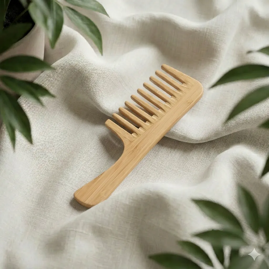 Close-up of Nuyaé Grip bamboo comb showcasing ergonomic long handle, unique wood grain, and smooth moderately wide teeth
